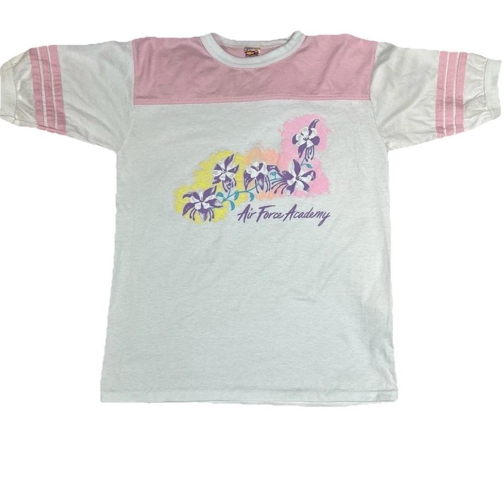 intage USAF Air Force Academy Floral T-Shirt Women’s L Pink White Graphic Tee